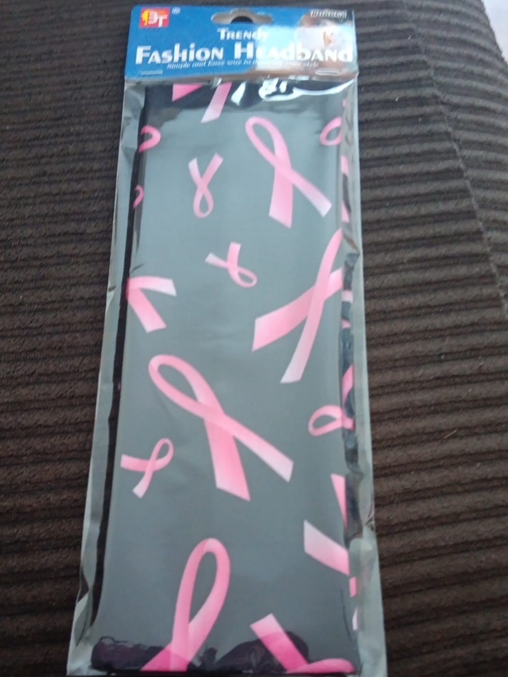 Breast Cancer Trendy Fashion Headband - Pink Ribbon on Black